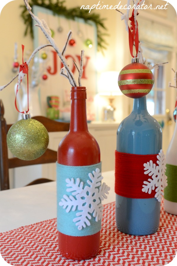 Dining Room centerpiece: yarn wrapped wine bottles